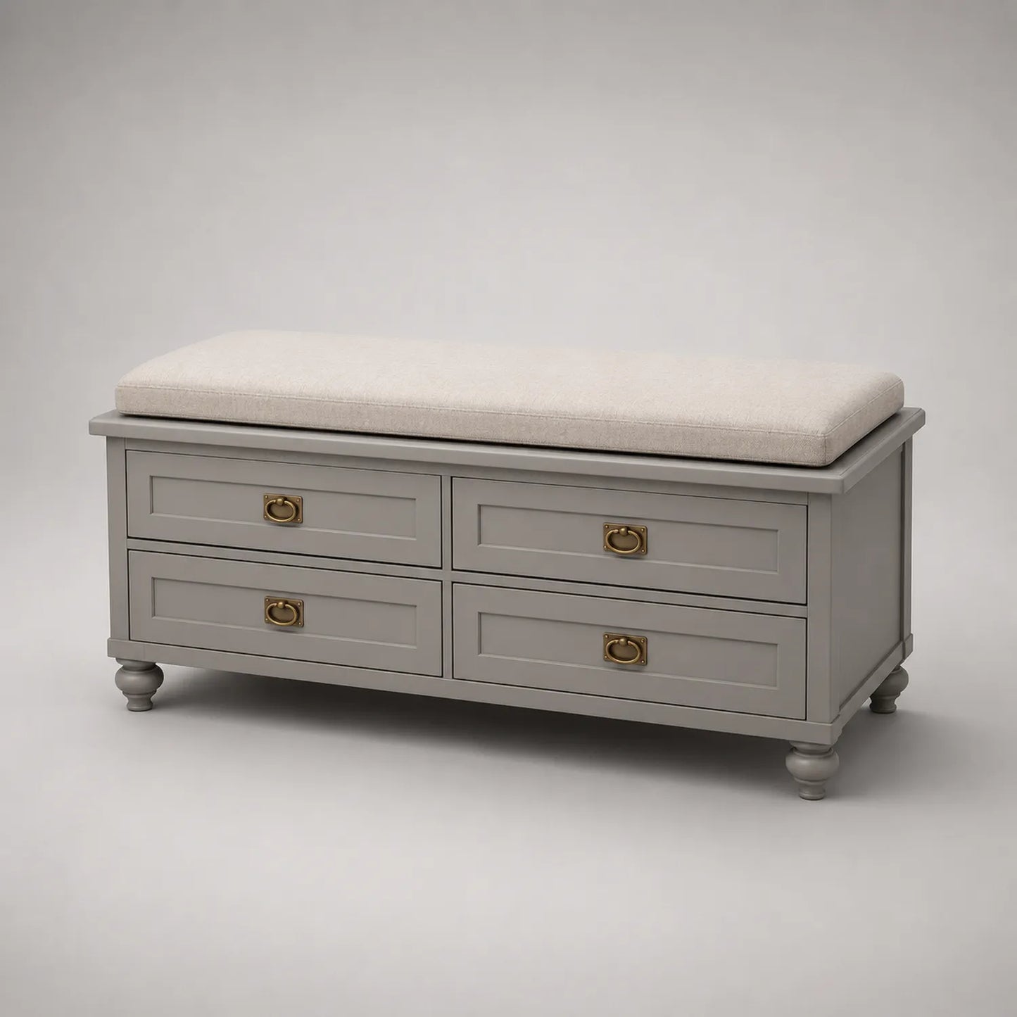 Holzbank mit Polstersitz und Schubladen in Grau Beige
