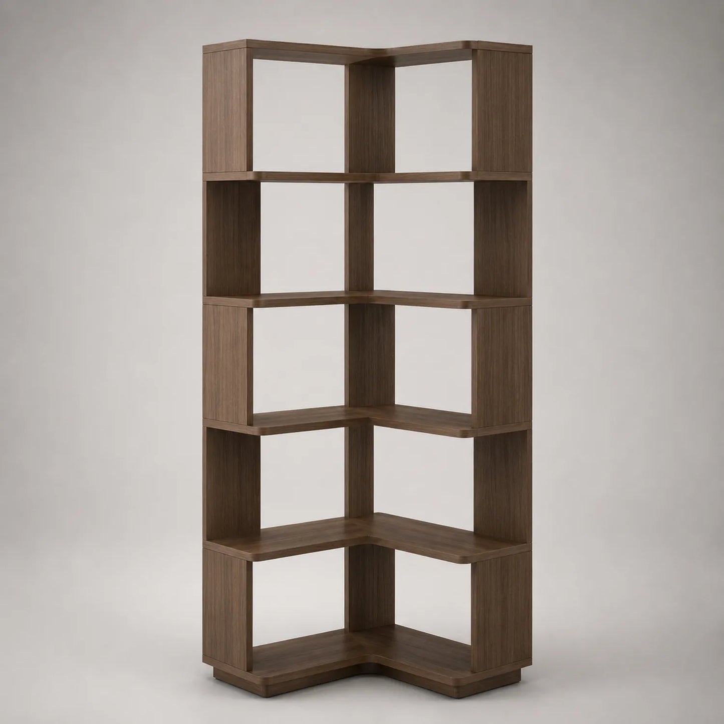 Eckregal aus Holz mit Walnussfurnier