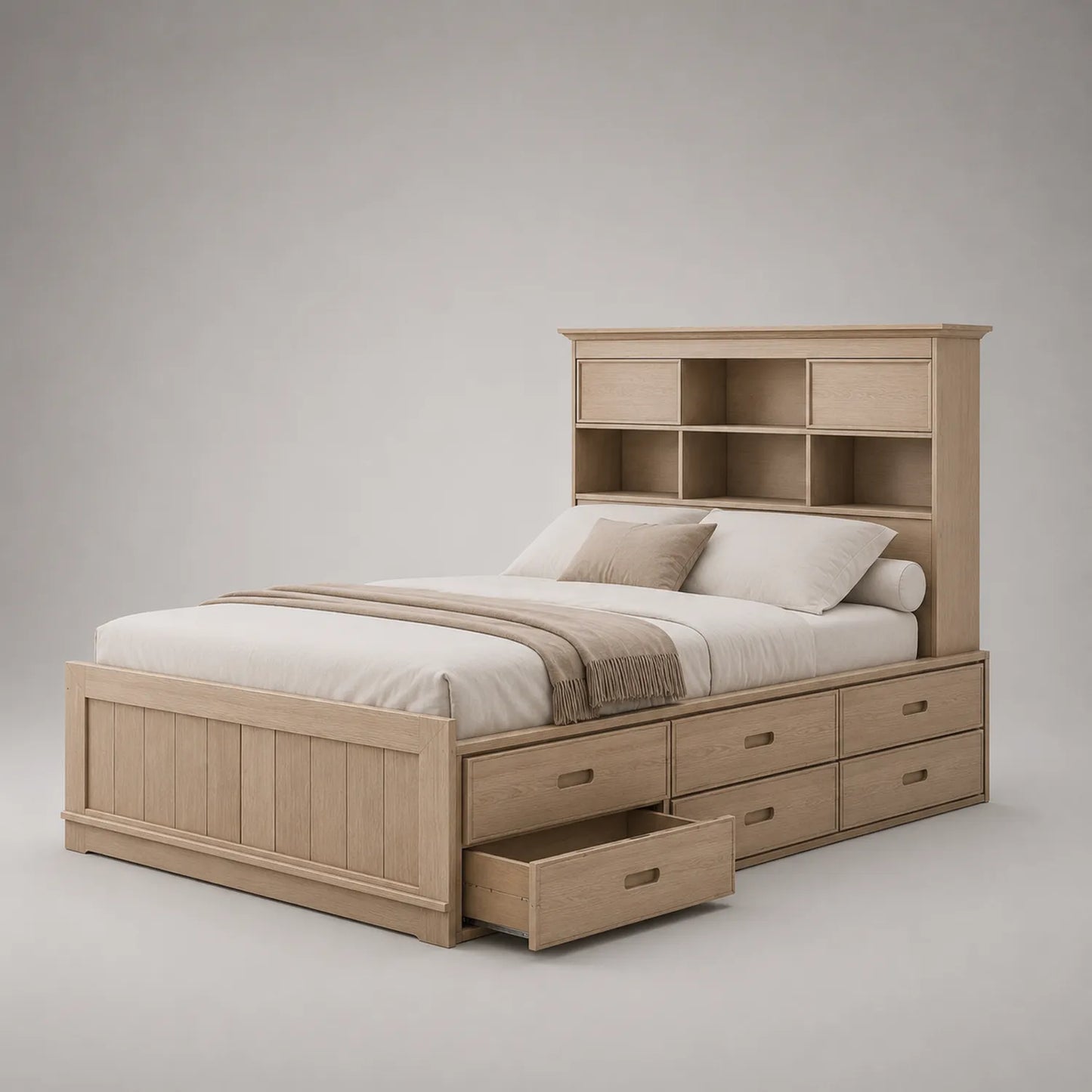 Holzbett mit Stauraum und Kopfteilregal aus Eiche 200x140 cm