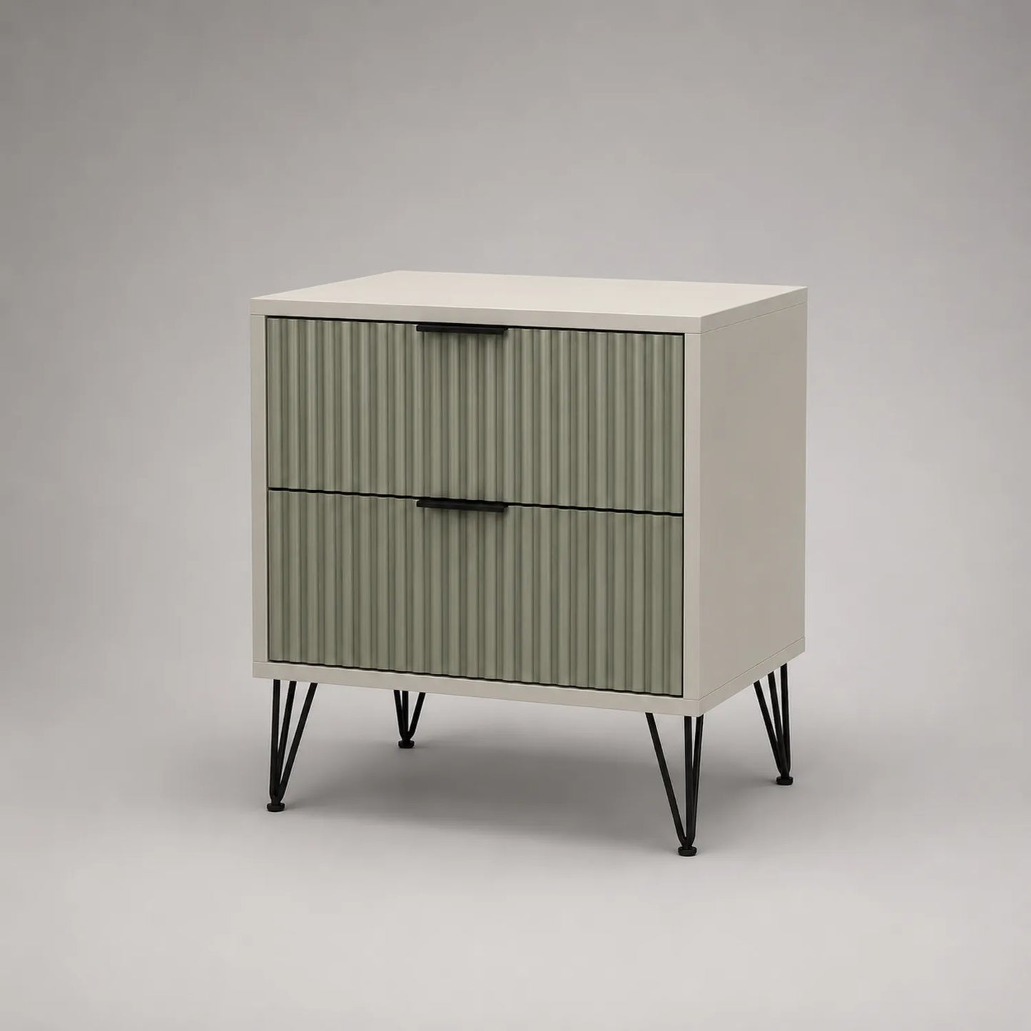 Holz Nachttisch mit 2 Schubladen MDF Beige/Grün Metallbeine