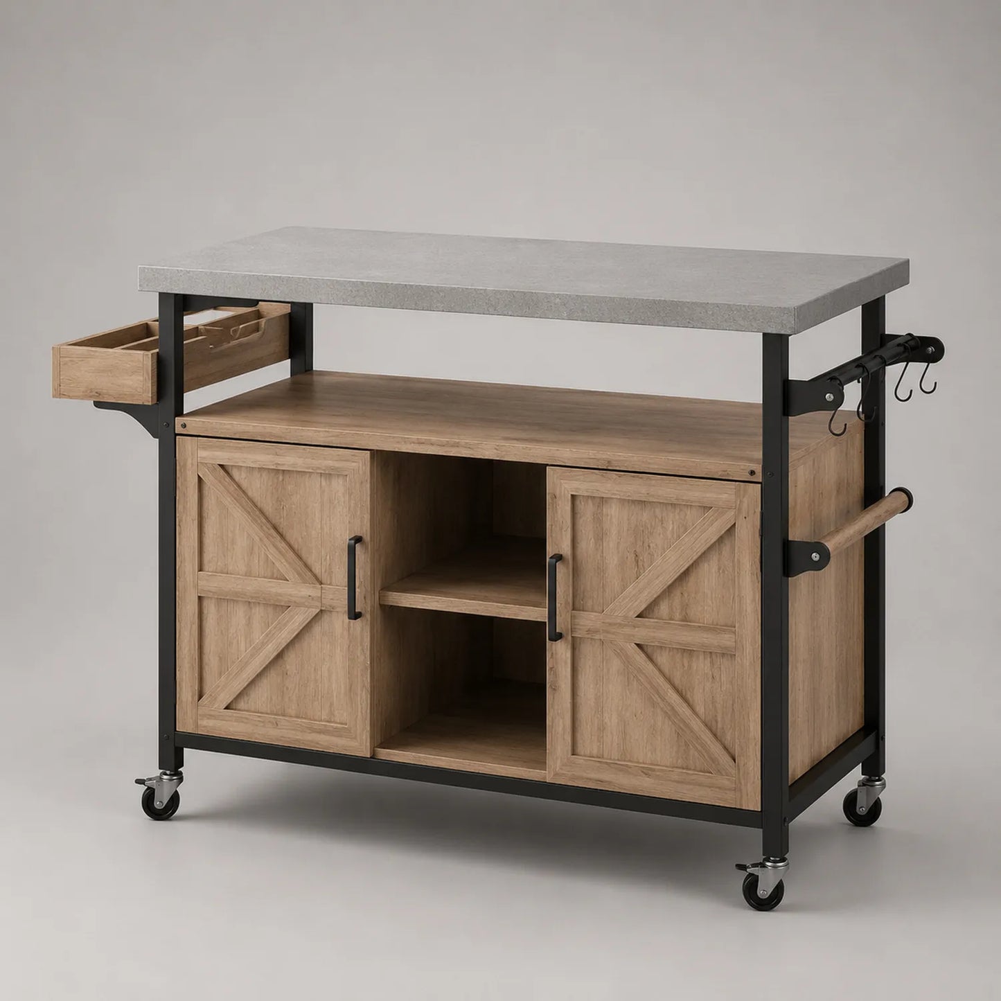 Kücheninsel mit Holzschrank und Betonoptik Arbeitsplatte