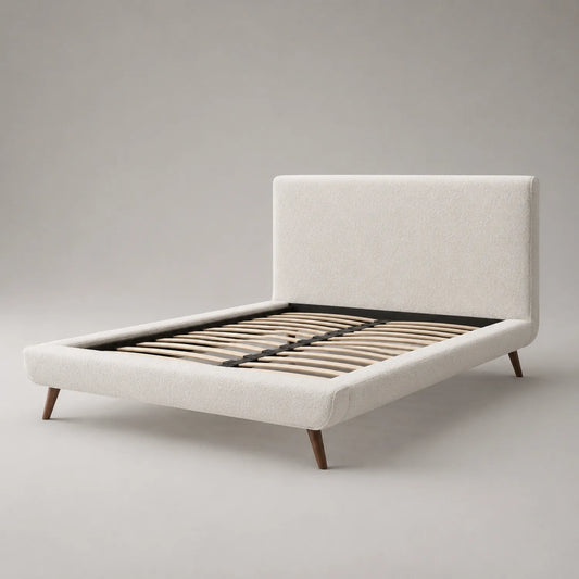 Bouclé-Bettgestell 160x200 cm mit Holzfüßen in Beige