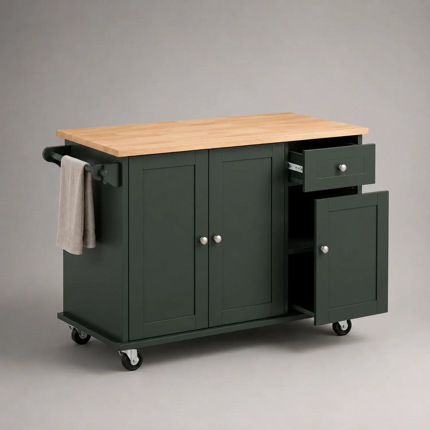 Küchenwagen mit Schublade und Schranktüren Holzoberfläche Grün