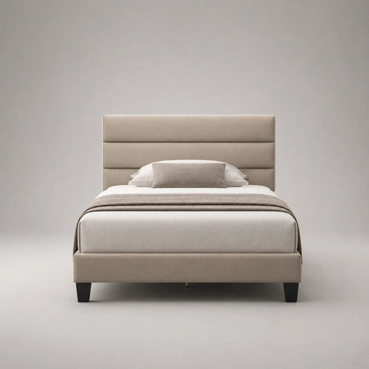 Doppelbett 200x160cm Textil Kopfteil Beige Holzbeine