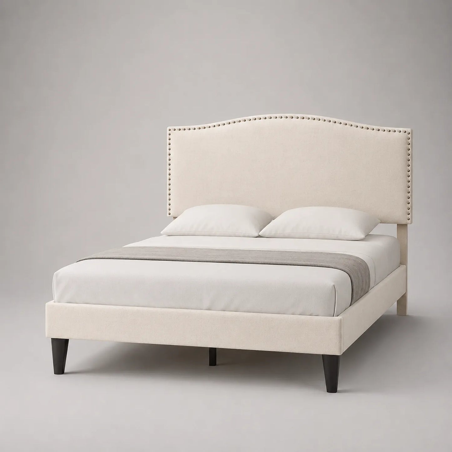 Doppelbett 180x200 cm Leinenstoff Massivholz Creme