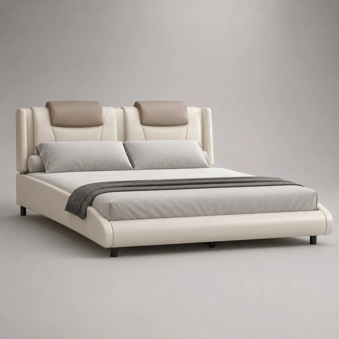 Kunstleder Doppelbett mit Holzrahmen und Kissen Creme/Braun
