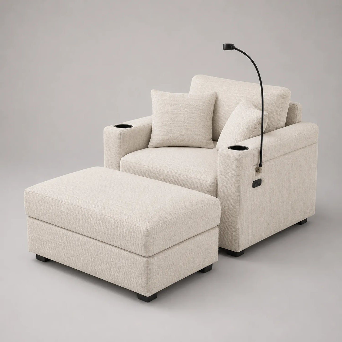 Polstersessel mit Hocker und Leselampe in Beige