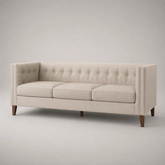 Leinenstoff Sofa mit Holzbeinen, Beige, 3-Sitzer