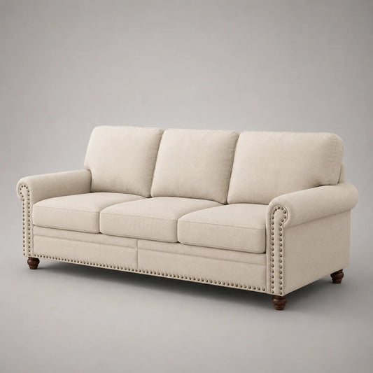 3-Sitzer Sofa aus Baumwollstoff mit Holzbeinen in Beige