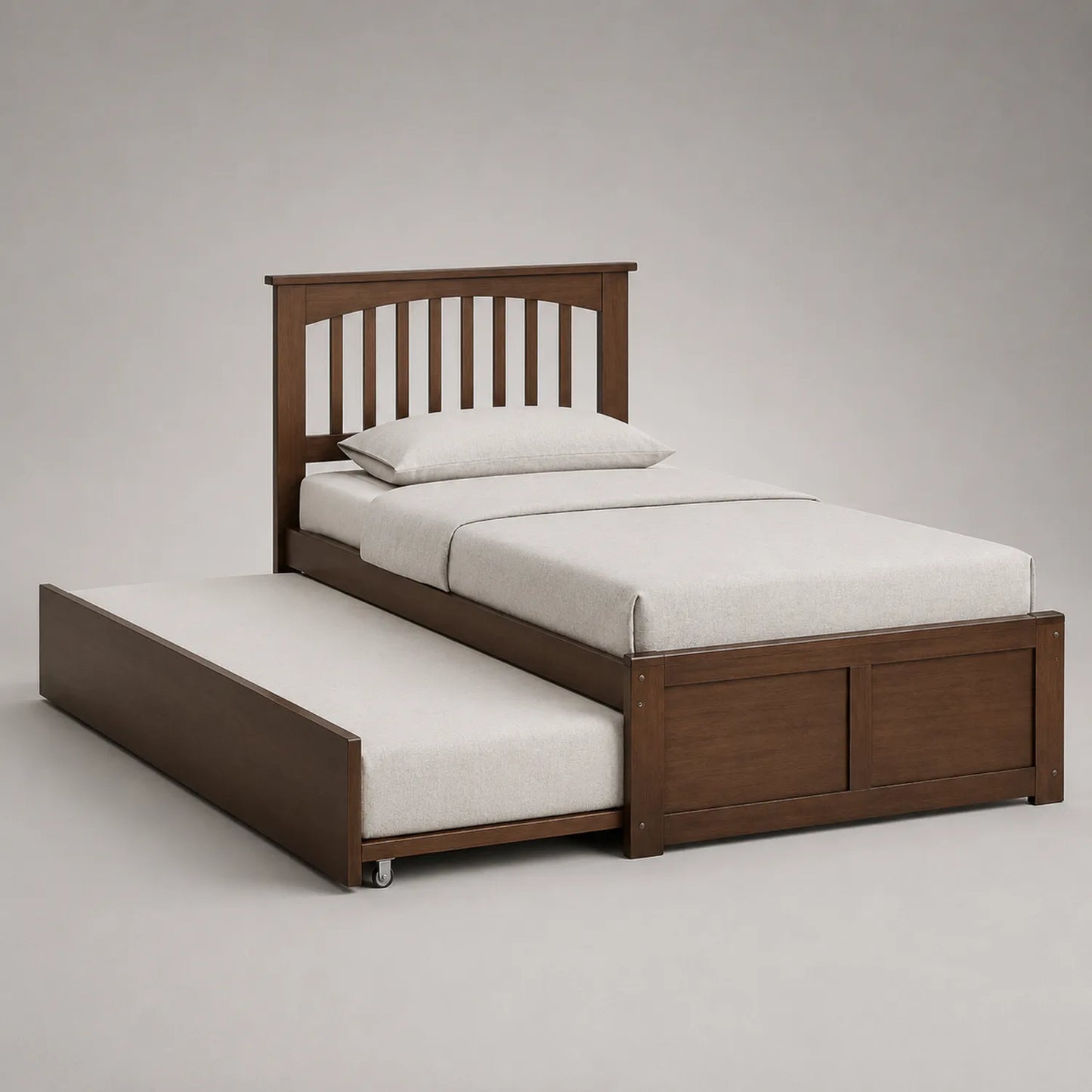 Holzbett mit ausziehbarem Unterbett aus Massivholz, Braun