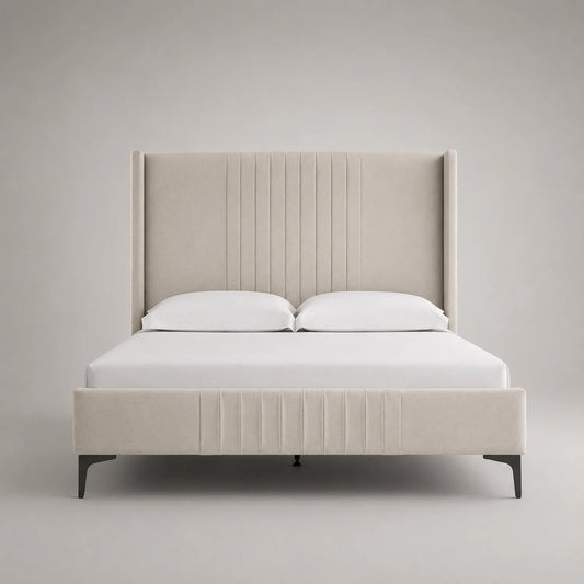 Stoffbett mit hohem Kopfteil und Metallbeinen Beige 200x180 cm