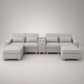 Modulares Sofa aus Holz und Stoff mit Ottomane und Getränkehalter, Grau