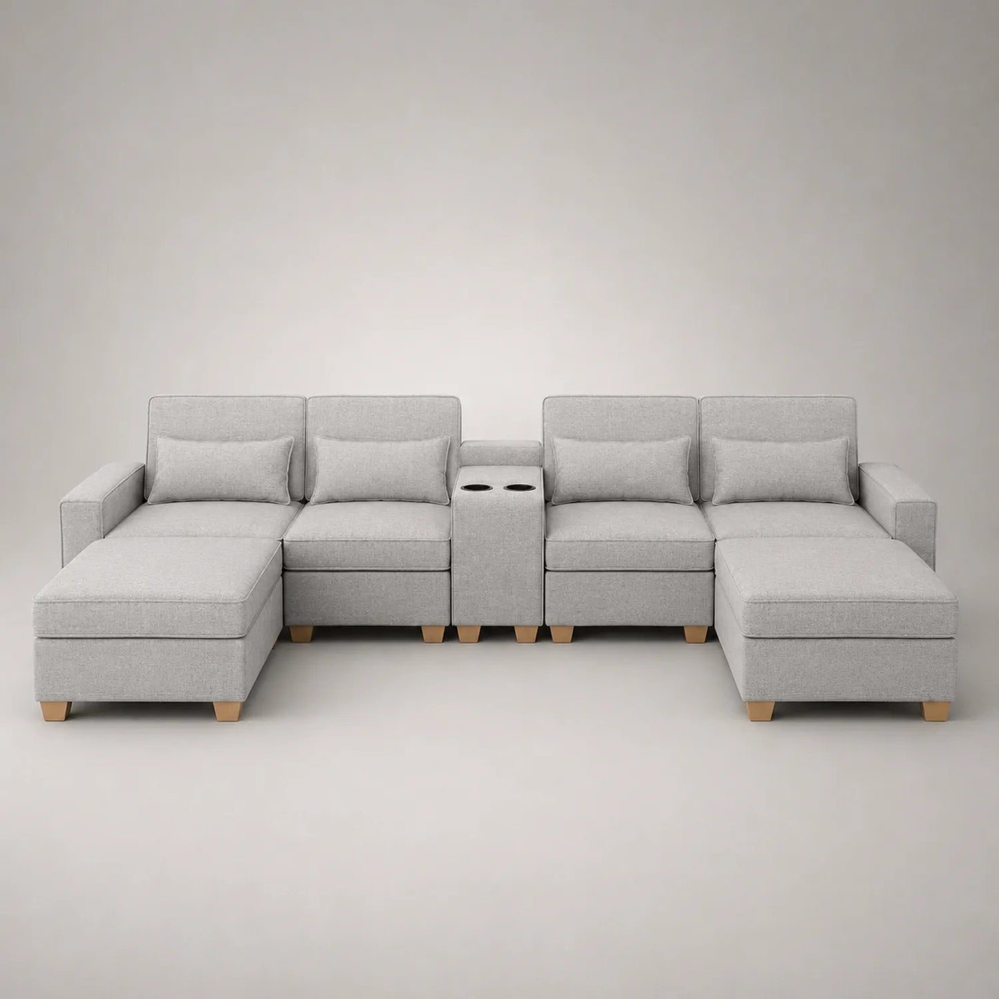 Modulares Sofa aus Holz und Stoff mit Ottomane und Getränkehalter, Grau