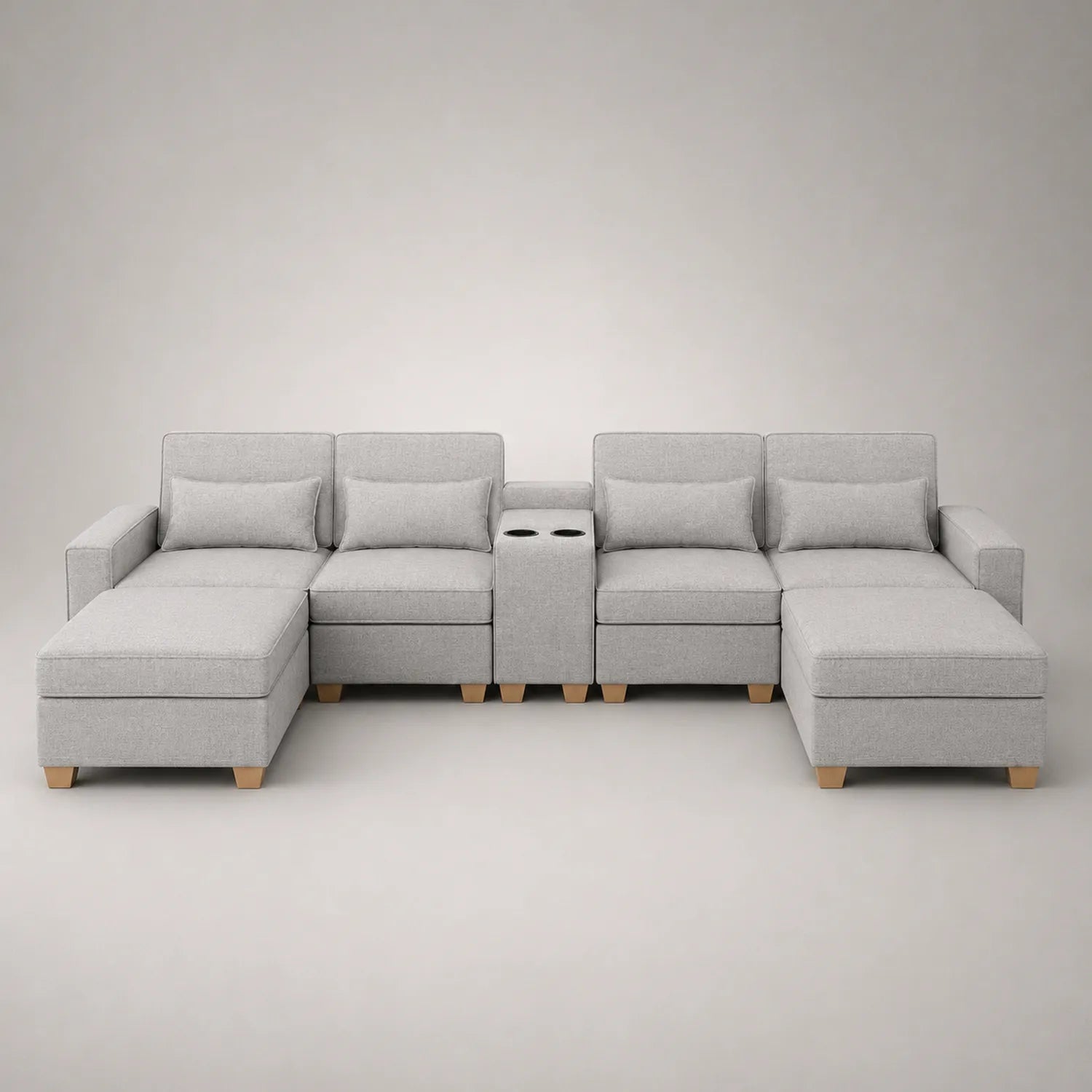 Modulares Sofa aus Holz und Stoff mit Ottomane und Getränkehalter, Grau