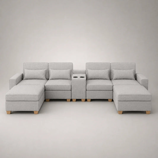 Modulares Sofa aus Holz und Stoff mit Ottomane und Getränkehalter, Grau