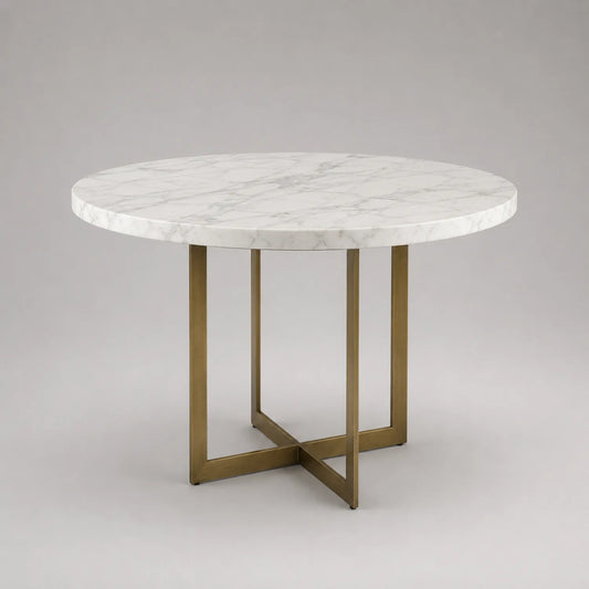 Runder Tisch aus Marmor und Metall, 110 cm, Weiß/Gold
